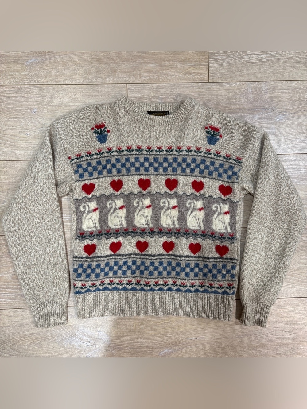 VTG 80s Eddie Bauer Cat Heart Fair Isle Wool Sweater L